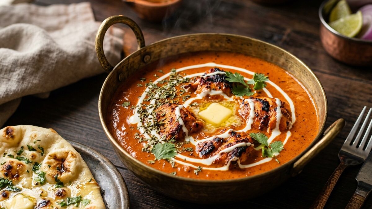 Máslové kuře ve stylu restaurace (Murgh Makhani): Sametová kešu-rajčatová emulze a Tandoori Char