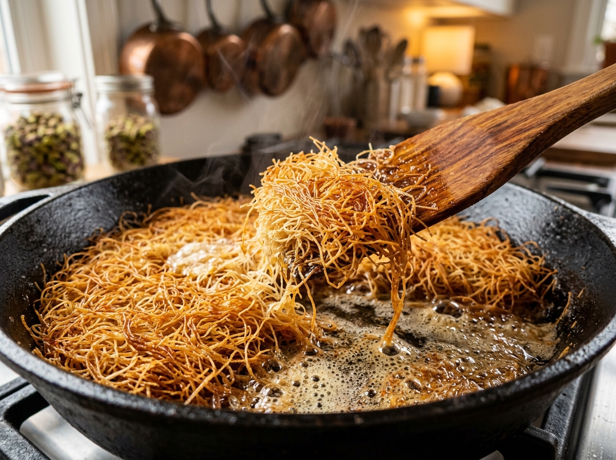 Crispy kadayif pastry toasting to golden brown in foaming butter inside cast iron skillet