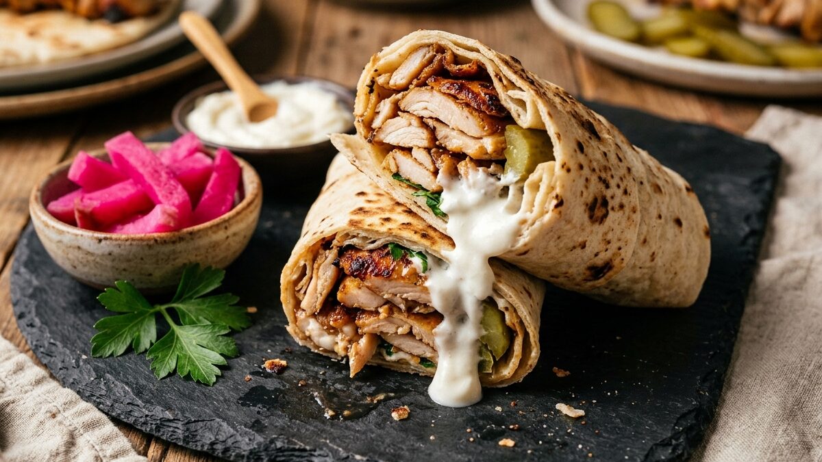 Autentyczna libańska Shawarma z kurczakiem: marynata z ciepłymi przyprawami i puszystą emulsją czosnkową