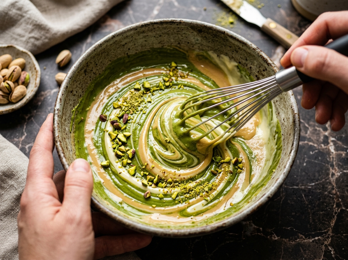 Vibrant emerald green pistachio paste and sesame tahini being whisked into a luxurious glossy emulsion