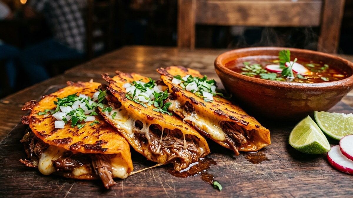 정통 멕시코 케사비리아 타코: 과히요-안초 칠리 브레이즈 및 디핑 콩소메