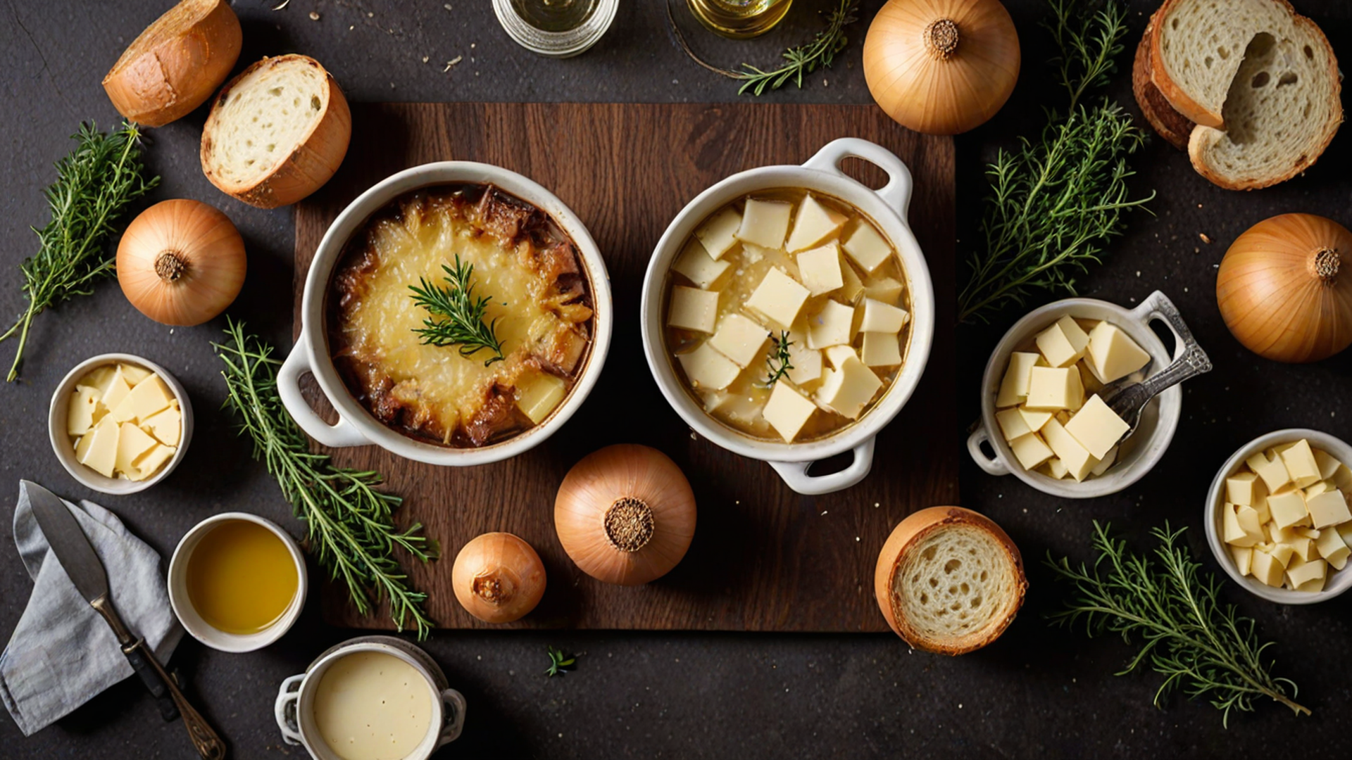 Classic French Onion Soup: Slow Fructose Caramelization, Fortified Beef Bone Gelatin & The Broiled Gruyère Crust - Raw Ingredients Mise en Place